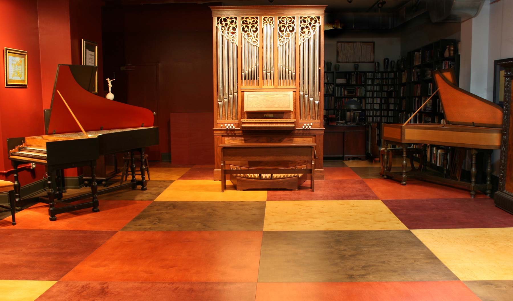 two harpsichords and organ in music studio